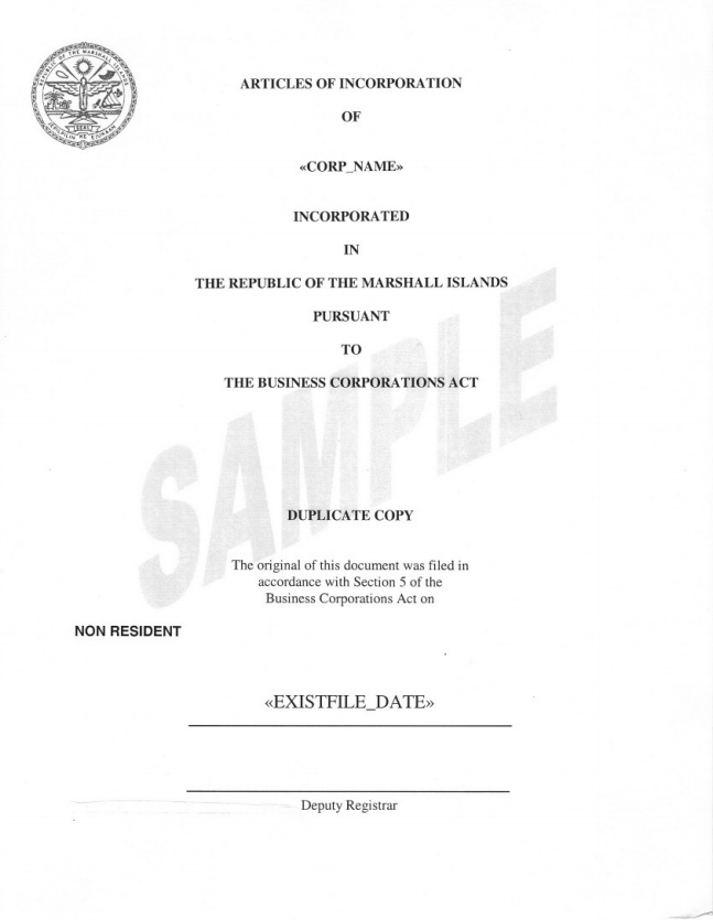 马绍尔群岛公司公司章程大纲和细则样本3