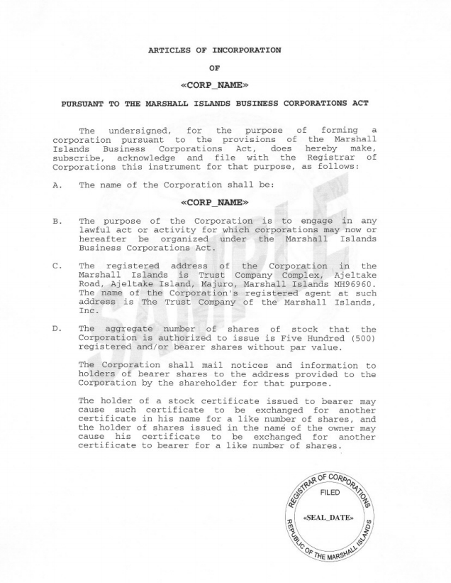 马绍尔群岛公司公司章程大纲和细则样本4