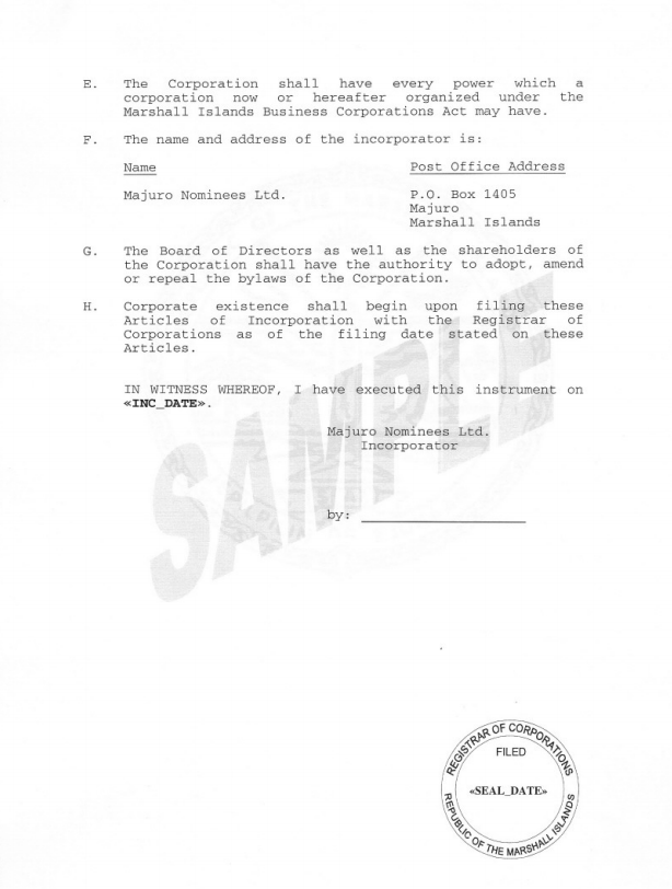 马绍尔群岛公司公司章程大纲和细则样本5