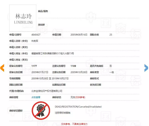 真假“林志玲”商标之战：山寨“林志玲”恐不保5