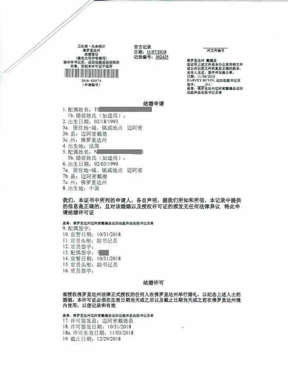 成功案例:美国结婚证在中国使用一定要进行认证!